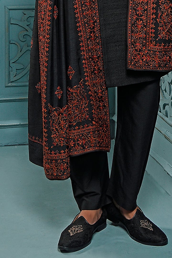 Black Raw Silk Jamewar Groom Sherwani Set by Vanshik at Pernia's Pop Up Shop