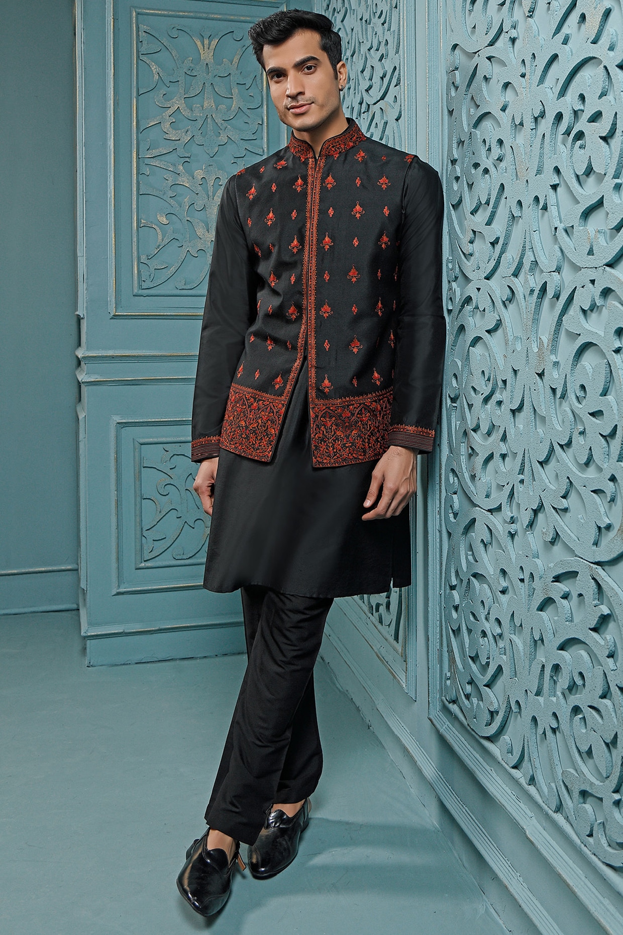 Buy Black Silk Embroidered Mirror Nehru Jacket And Kurta Set For Men by  Ankita Lath Online at Aza Fashions.