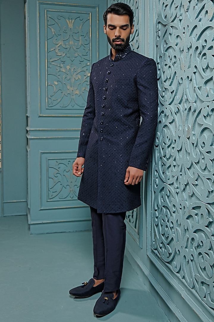 Dark Blue Embroidered Sherwani Set by Vanshik