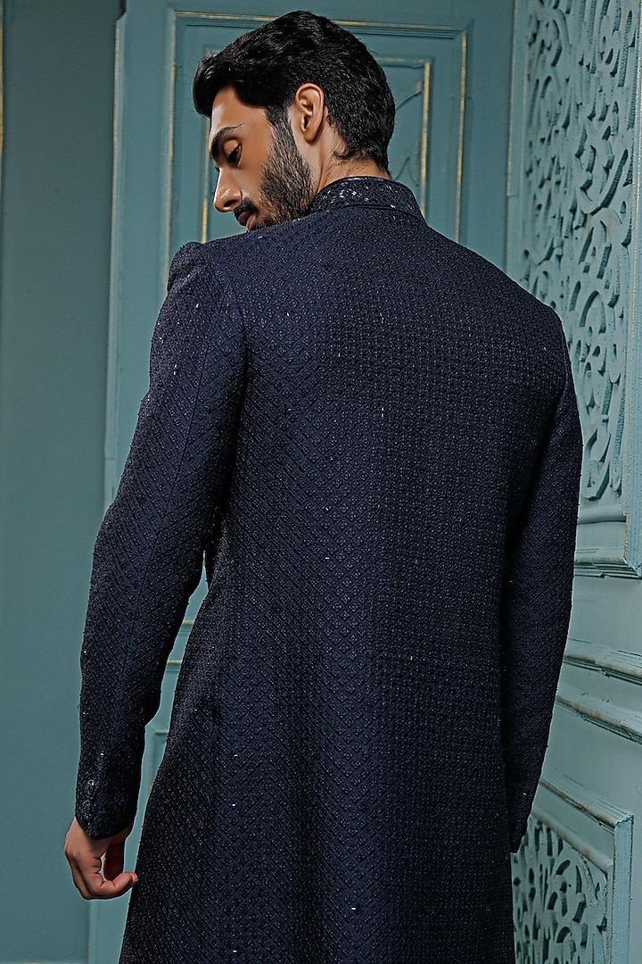 Dark Blue Silk Hand Embroidered Wedding Sherwani Set by Vanshik at Pernia's Pop Up Shop