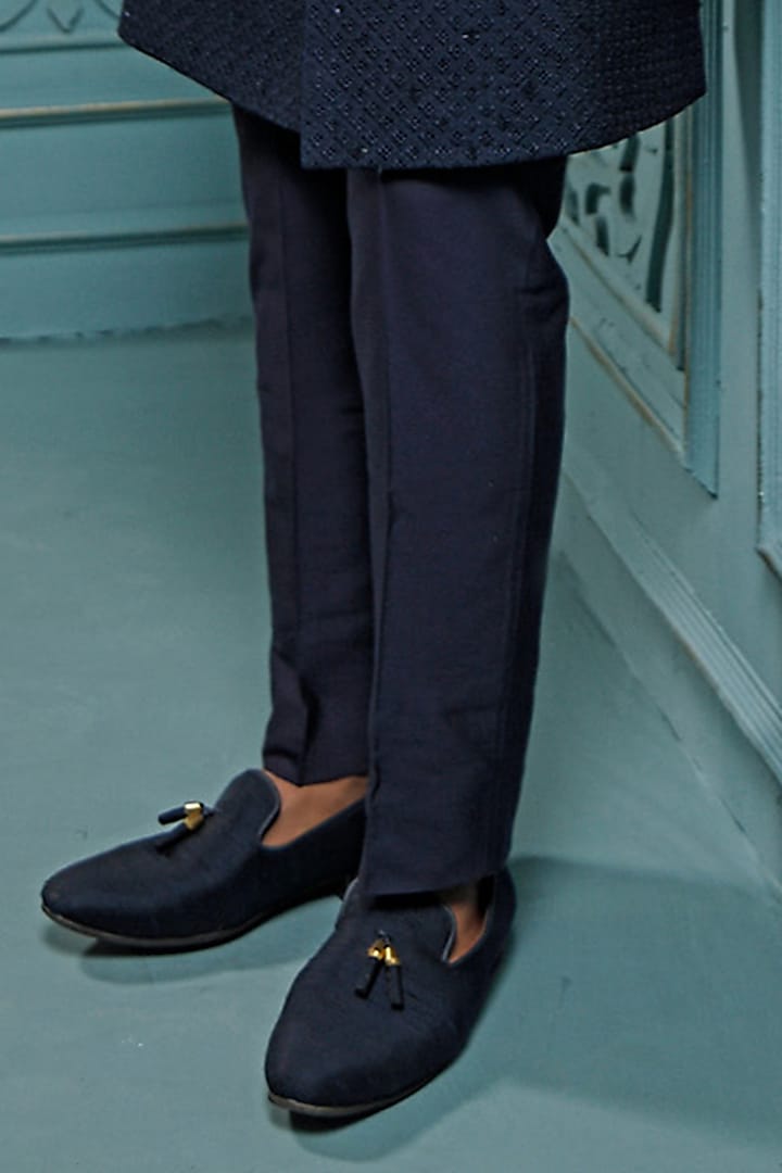 Dark Blue Silk Hand Embroidered Wedding Sherwani Set by Vanshik at Pernia's Pop Up Shop