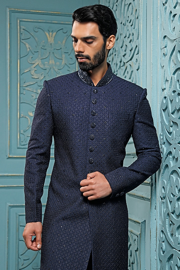 Dark Blue Silk Hand Embroidered Wedding Sherwani Set by Vanshik at Pernia's Pop Up Shop