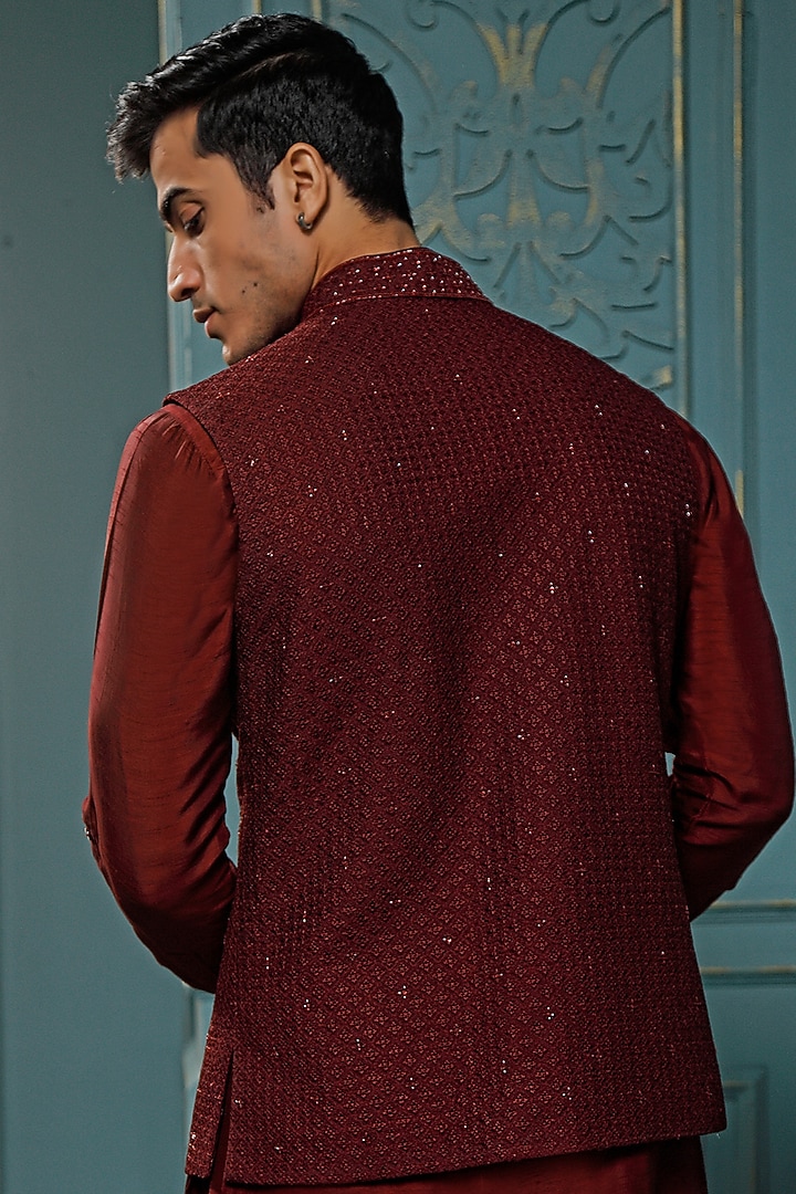 Wine Silk Hand Embroidered Nehru Jacket Set by Vanshik at Pernia's Pop Up Shop