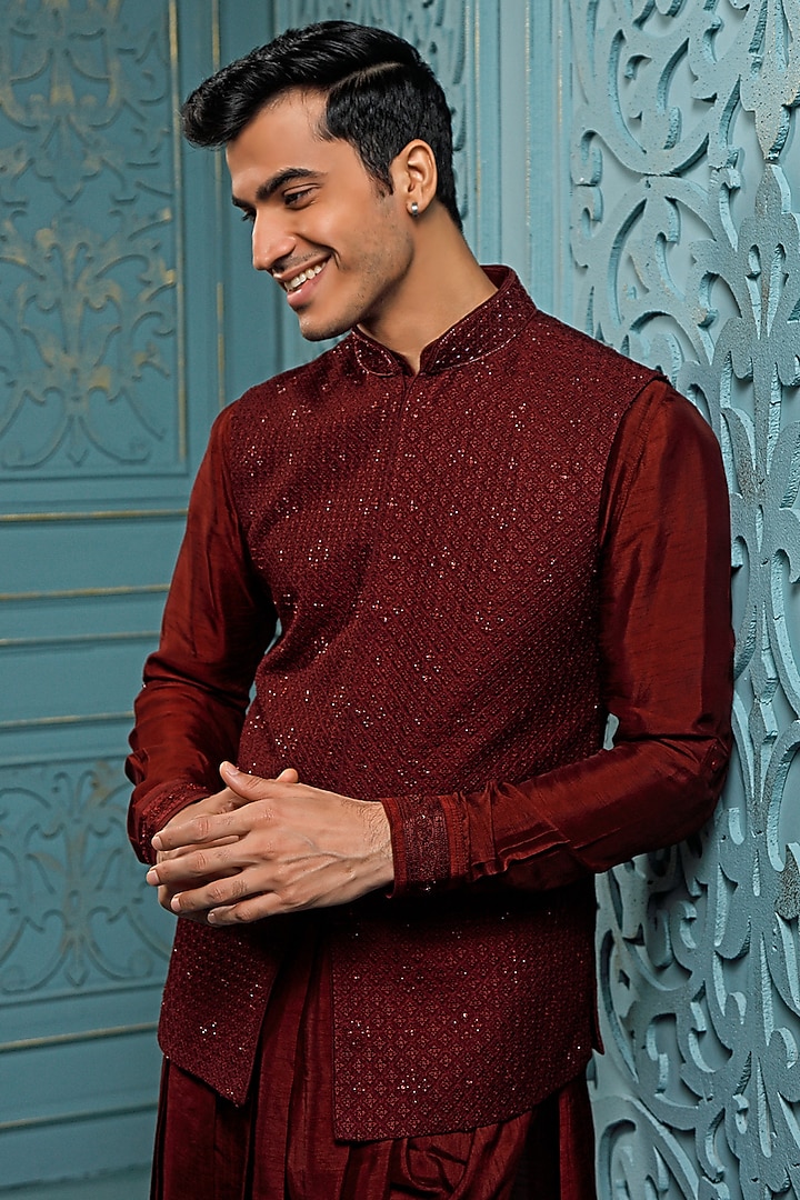 Wine Silk Hand Embroidered Nehru Jacket Set by Vanshik at Pernia's Pop Up Shop
