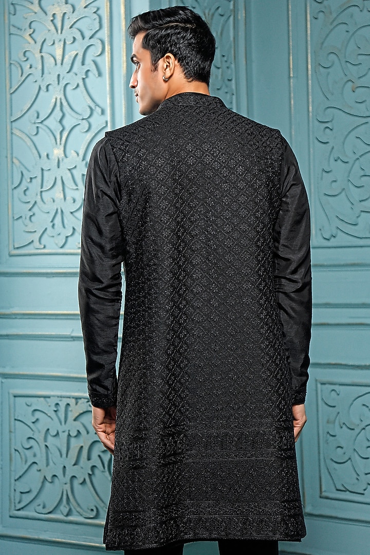 Black Silk Embroidered Wedding Indowestern Set by Vanshik at Pernia's Pop Up Shop