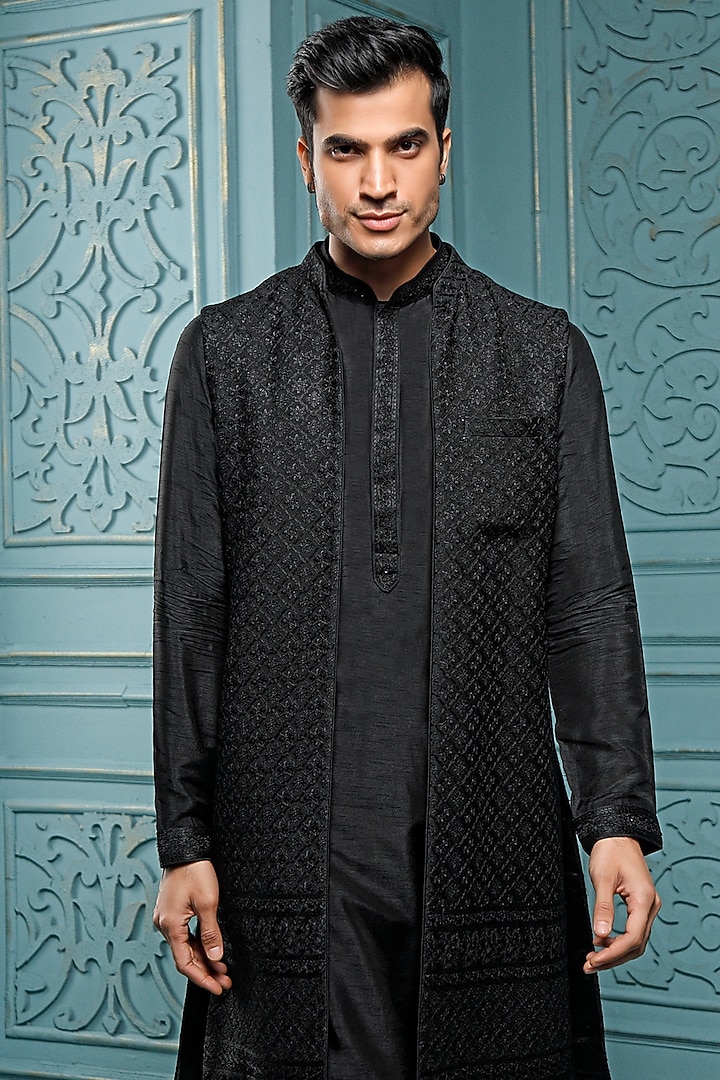 Black Silk Embroidered Wedding Indowestern Set by Vanshik at Pernia's Pop Up Shop