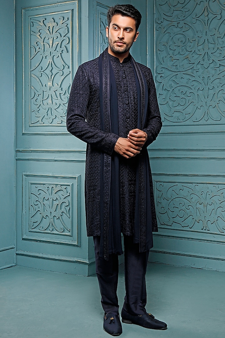 Dark Blue Embroidered Semi-Sherwani Set by Vanshik