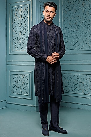 Dark Blue Silk Embroidered Semi-Sherwani Set by Vanshik