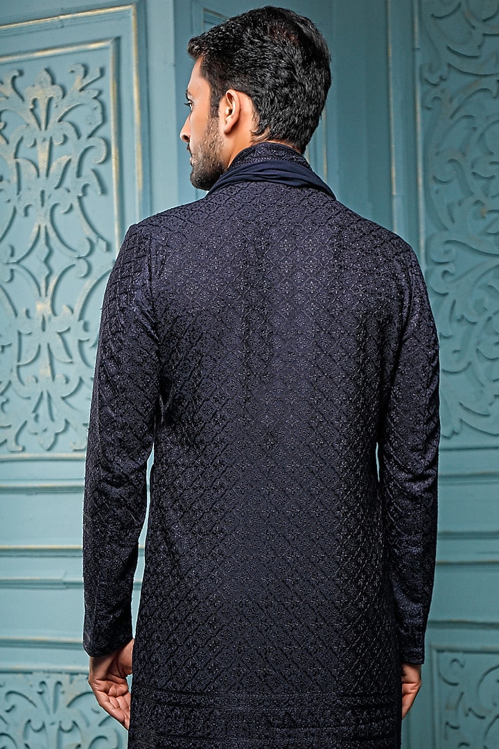 Dark Blue Silk Embroidered Semi-Wedding Sherwani Set by Vanshik at Pernia's Pop Up Shop