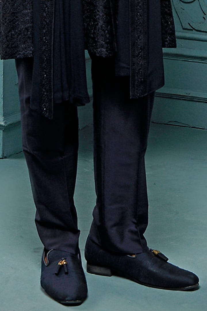 Dark Blue Silk Embroidered Semi-Wedding Sherwani Set by Vanshik at Pernia's Pop Up Shop