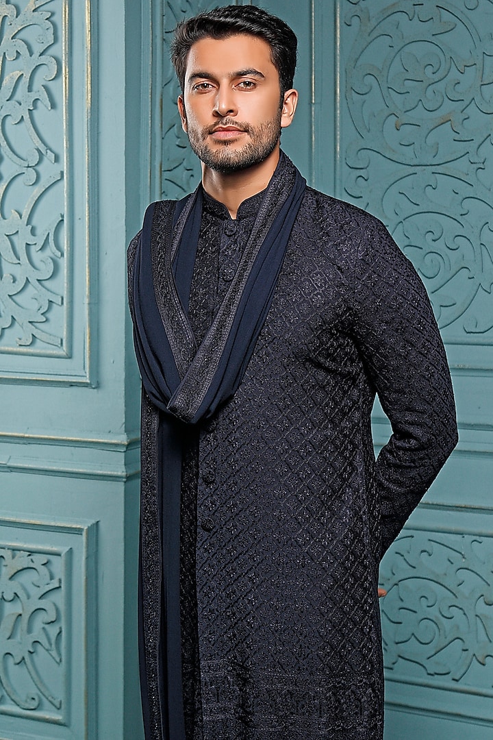 Dark Blue Silk Embroidered Semi-Wedding Sherwani Set by Vanshik at Pernia's Pop Up Shop