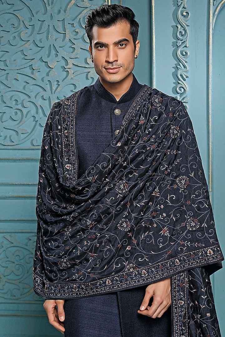 Dark Blue Raw Silk Groom Sherwani Set by Vanshik at Pernia's Pop Up Shop