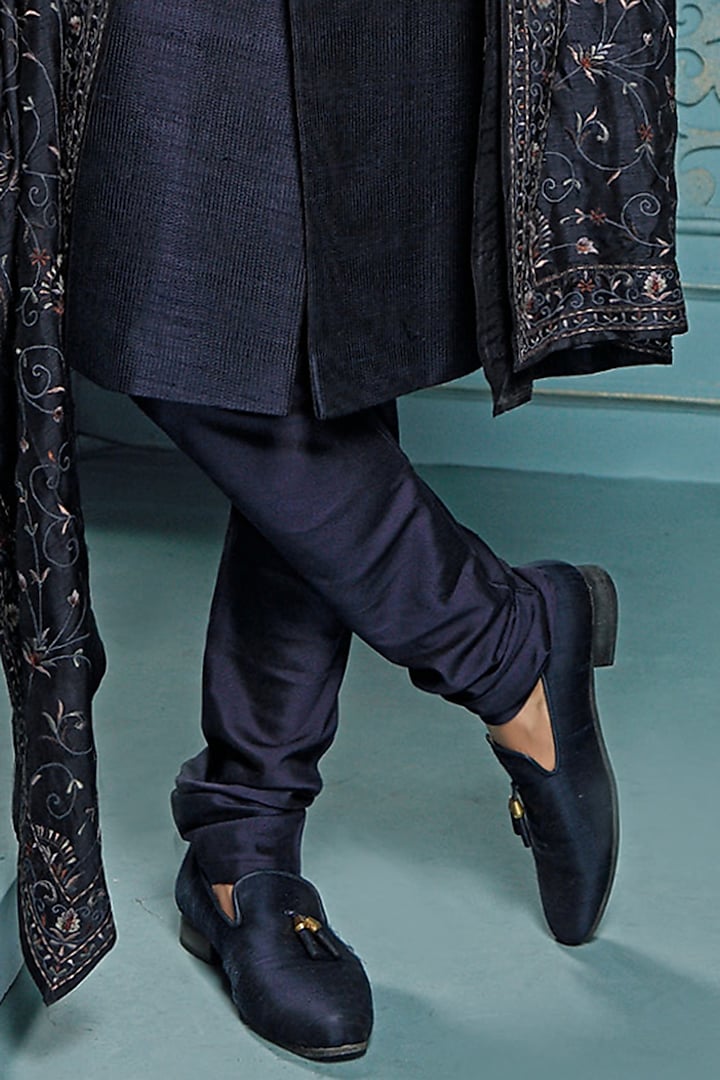 Dark Blue Raw Silk Groom Sherwani Set by Vanshik at Pernia's Pop Up Shop