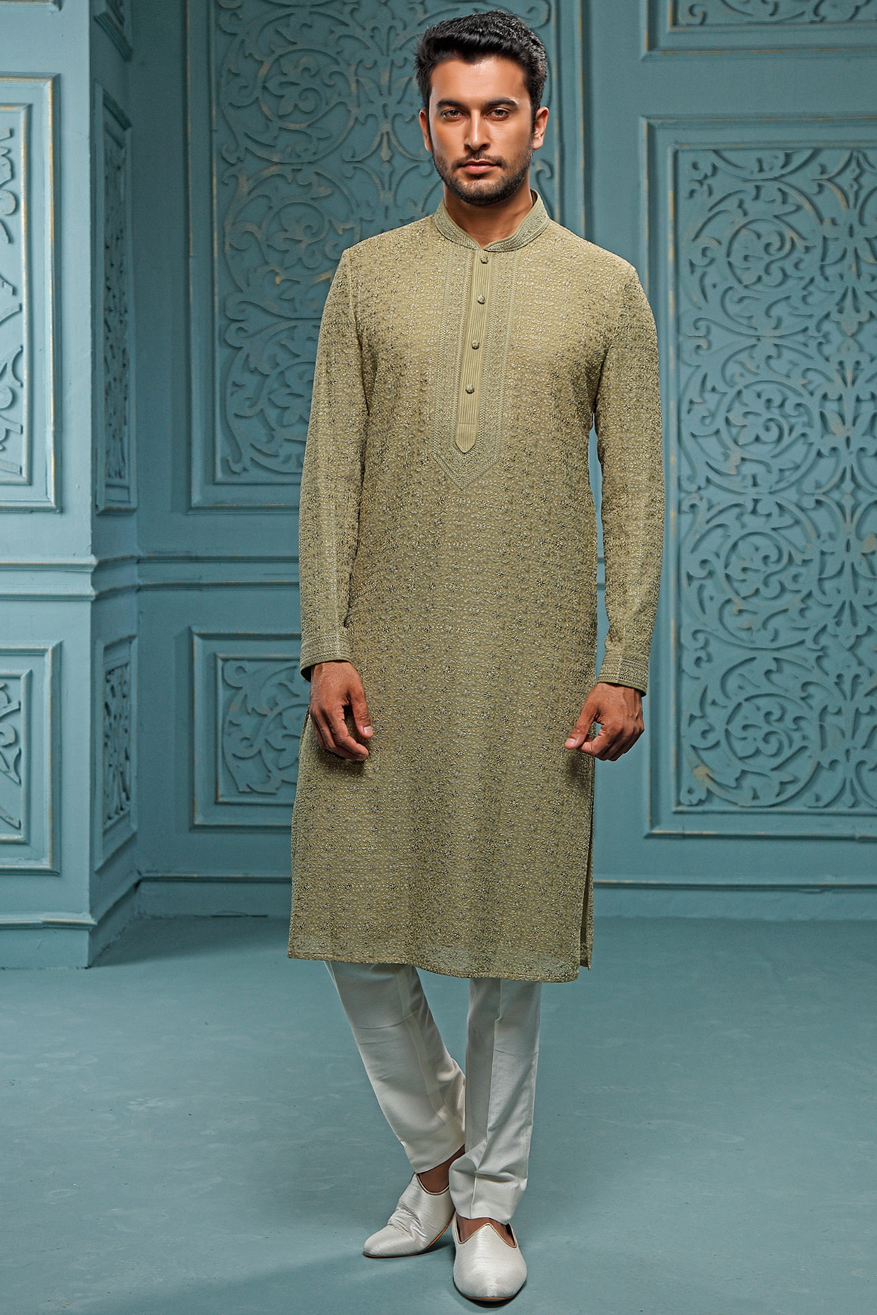 Olive Georgette Embroidered Kurta Set by Vanshik