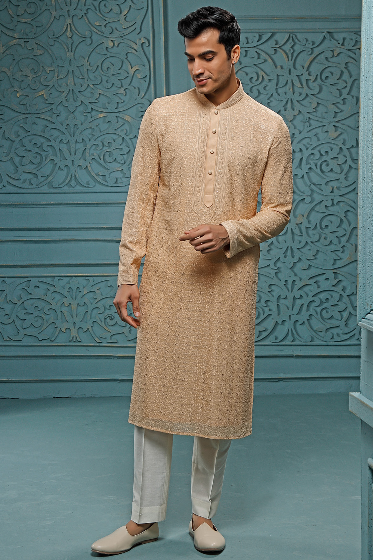 Gold Georgette Embroidered Kurta Set by Vanshik