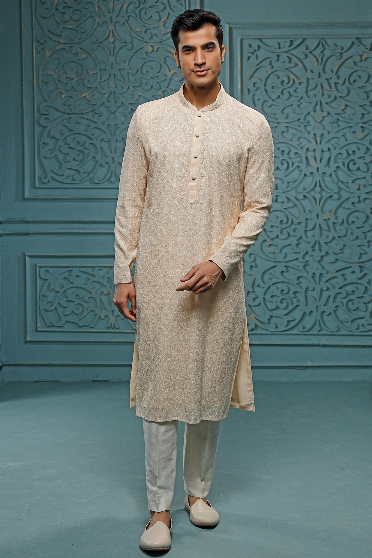 Beige Georgette Embroidered Kurta Set by Vanshik
