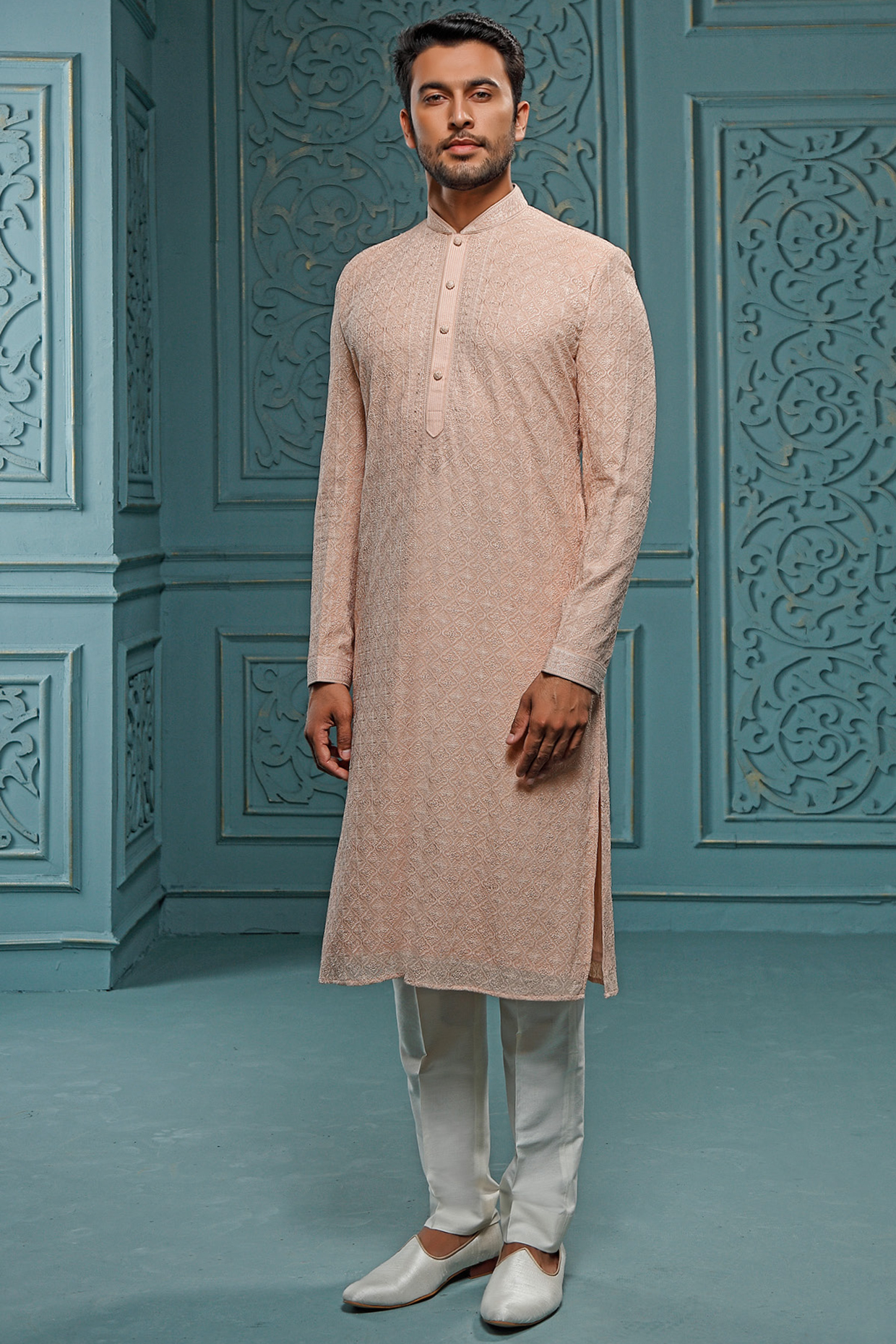Blush Pink Georgette Embroidered Kurta Set by Vanshik