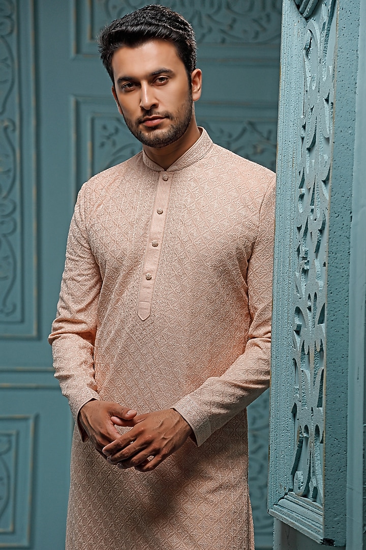 Blush Pink Georgette Embroidered Kurta Set by Vanshik at Pernia's Pop Up Shop