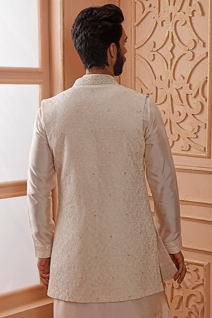 Cream Silk Hand Embroidered Indo-Western Set by Vanshik at Pernia's Pop Up Shop