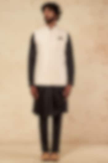 Nude Blush Raw Silk Nehru Jacket With Pocket Square by Vanshik at Pernia's Pop Up Shop