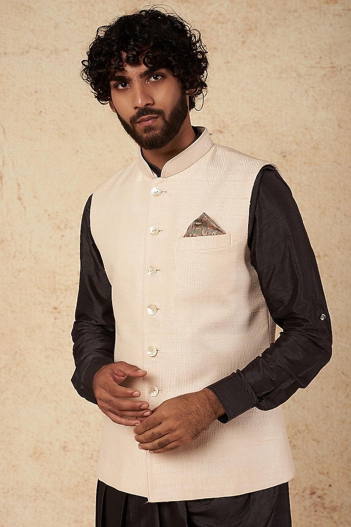 Nude Blush Raw Silk Nehru Jacket With Pocket Square by Vanshik at Pernia's Pop Up Shop