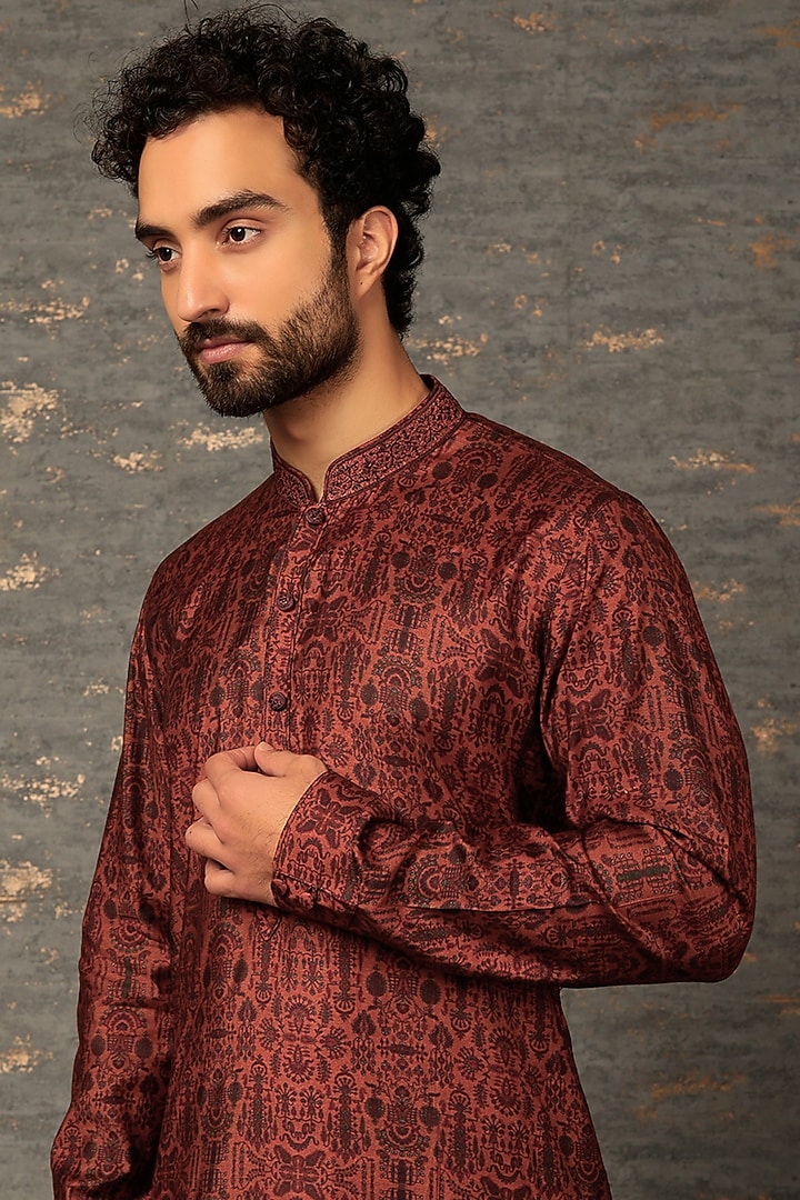 Rust Silk Printed Kurta Set by Vanshik at Pernia's Pop Up Shop