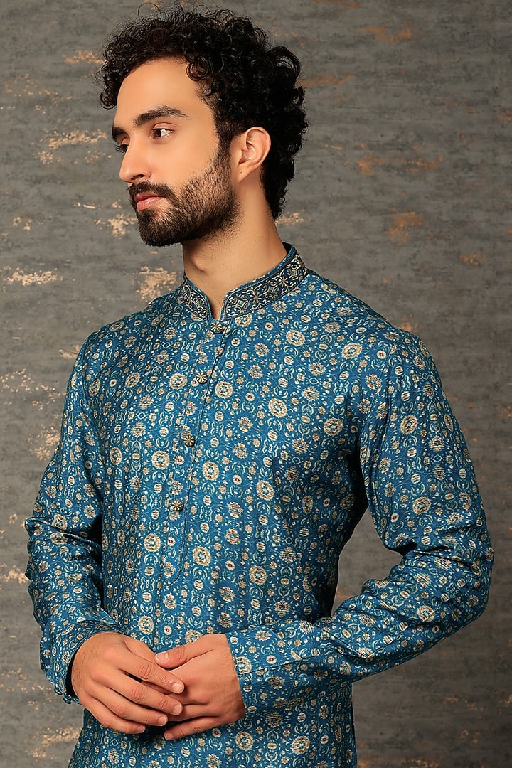 Teal Silk Printed Kurta Set by Vanshik at Pernia's Pop Up Shop