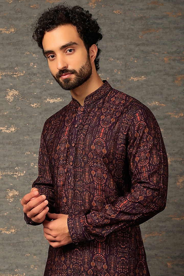 Wine Silk Printed Kurta Set by Vanshik at Pernia's Pop Up Shop