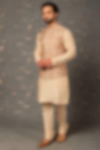 Beige Printed Nehru Jacket Set by Vanshik