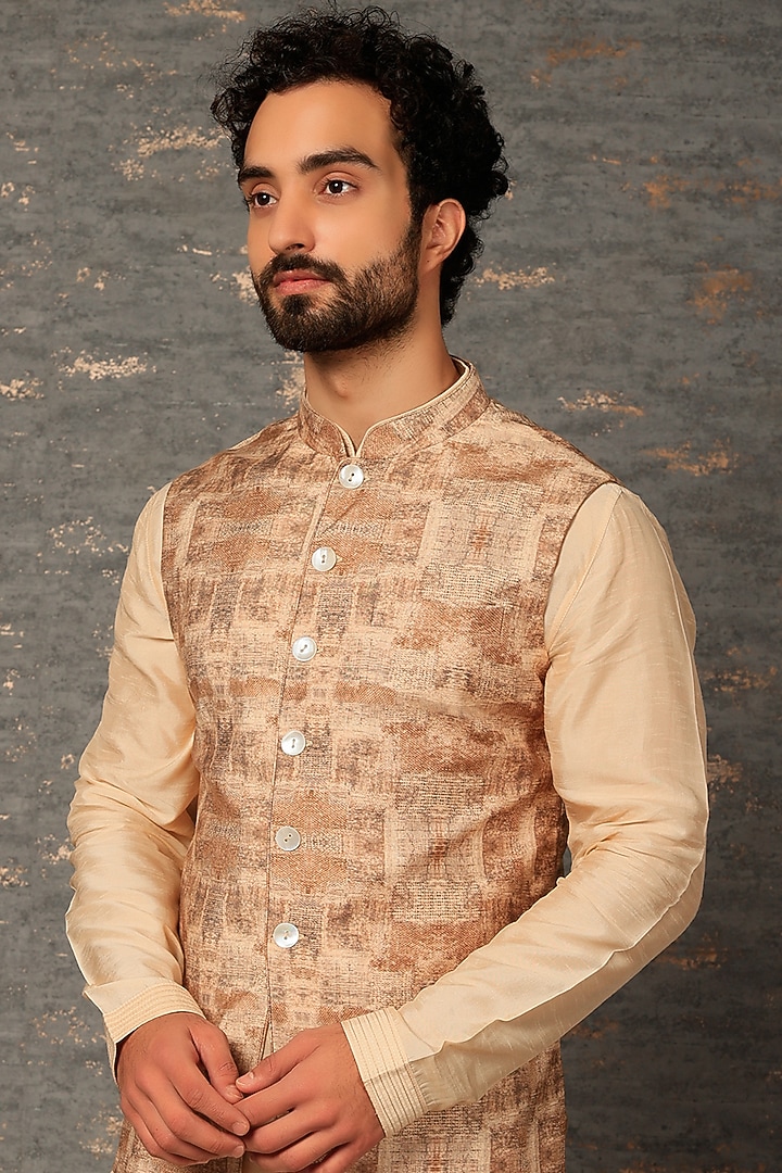 Beige Silk Printed Nehru Jacket Set by Vanshik at Pernia's Pop Up Shop