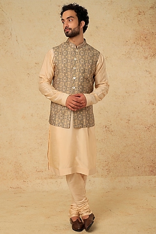 Grey Silk Printed Nehru Jacket With Kurta Set by Vanshik