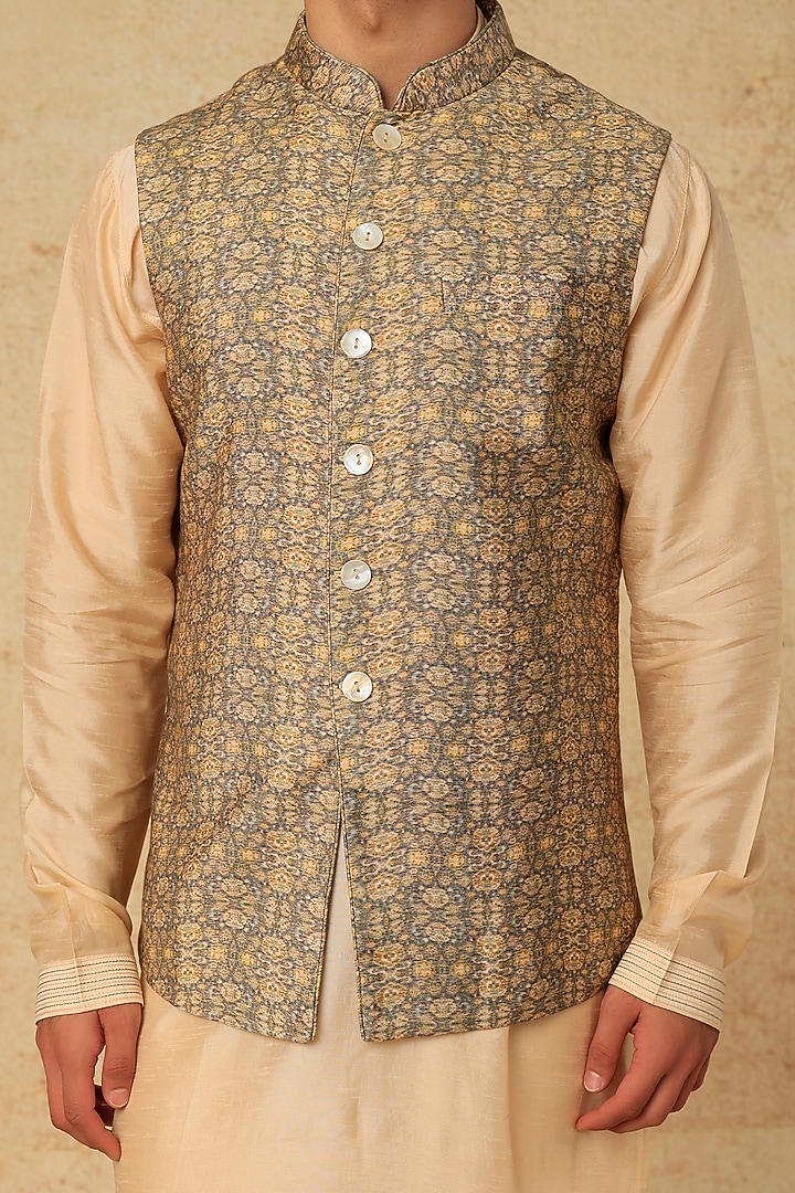 Grey Silk Printed Nehru Jacket With Kurta Set by Vanshik at Pernia's Pop Up Shop