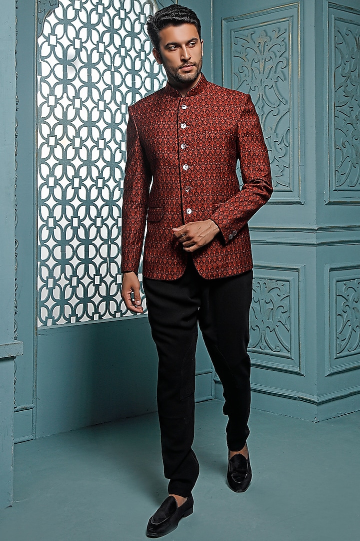 Rust Printed Jodhpuri Jacket by Vanshik