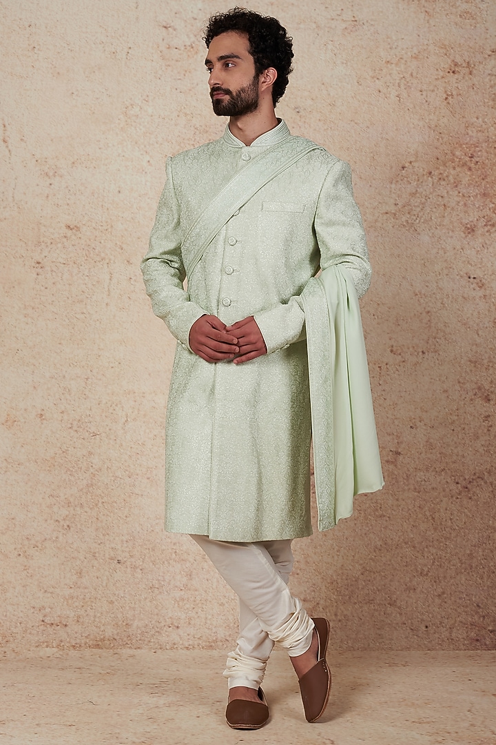 Mint Chanderi Silk Wedding Sherwani Set by Vanshik at Pernia's Pop Up Shop