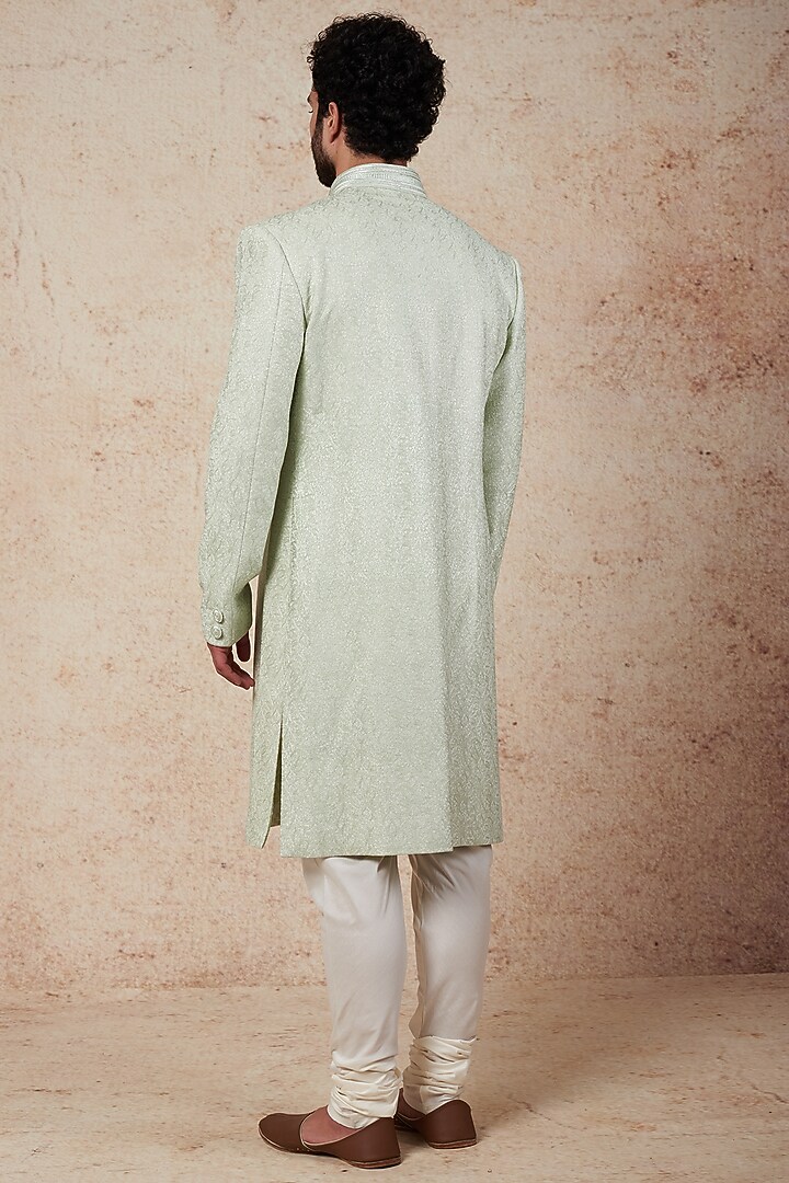 Mint Chanderi Silk Wedding Sherwani Set by Vanshik at Pernia's Pop Up Shop