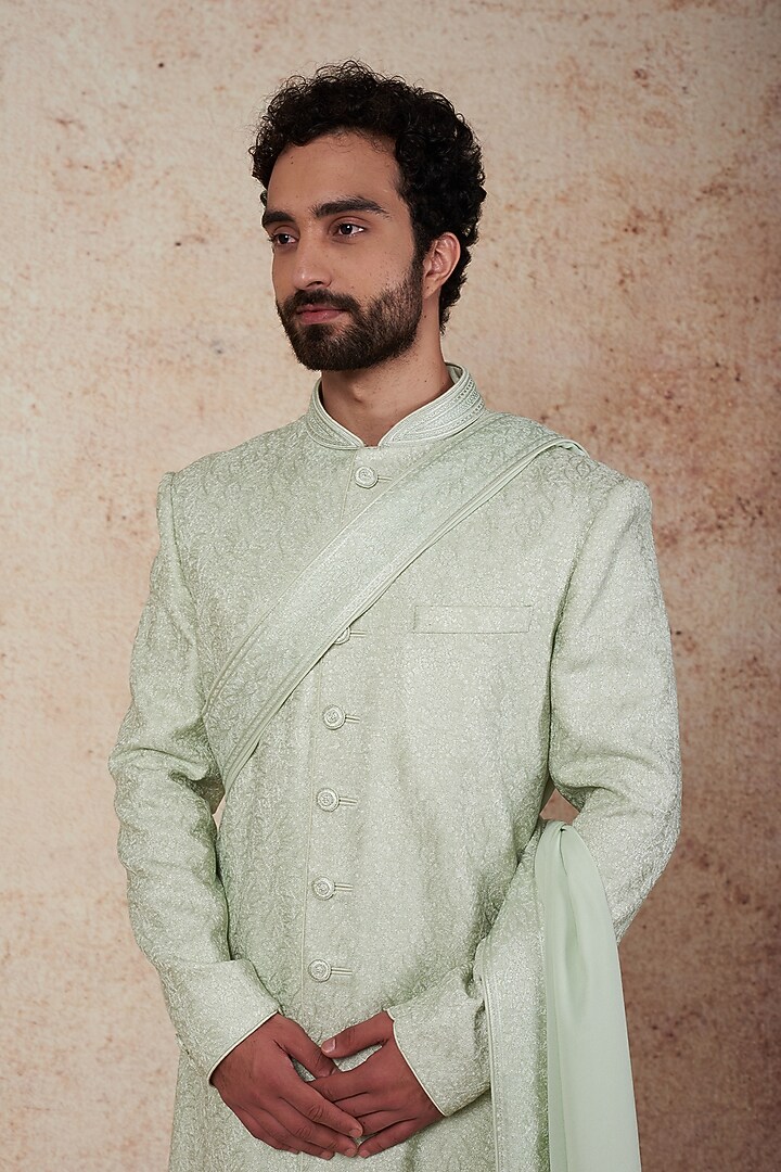 Mint Chanderi Silk Wedding Sherwani Set by Vanshik at Pernia's Pop Up Shop