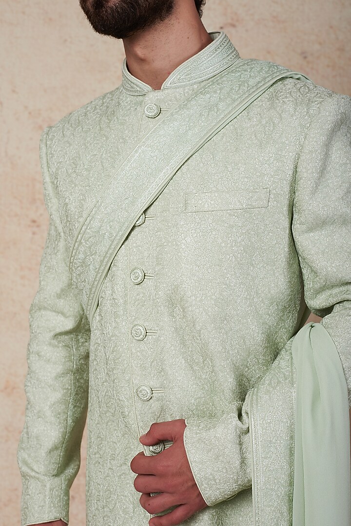 Mint Chanderi Silk Wedding Sherwani Set by Vanshik at Pernia's Pop Up Shop