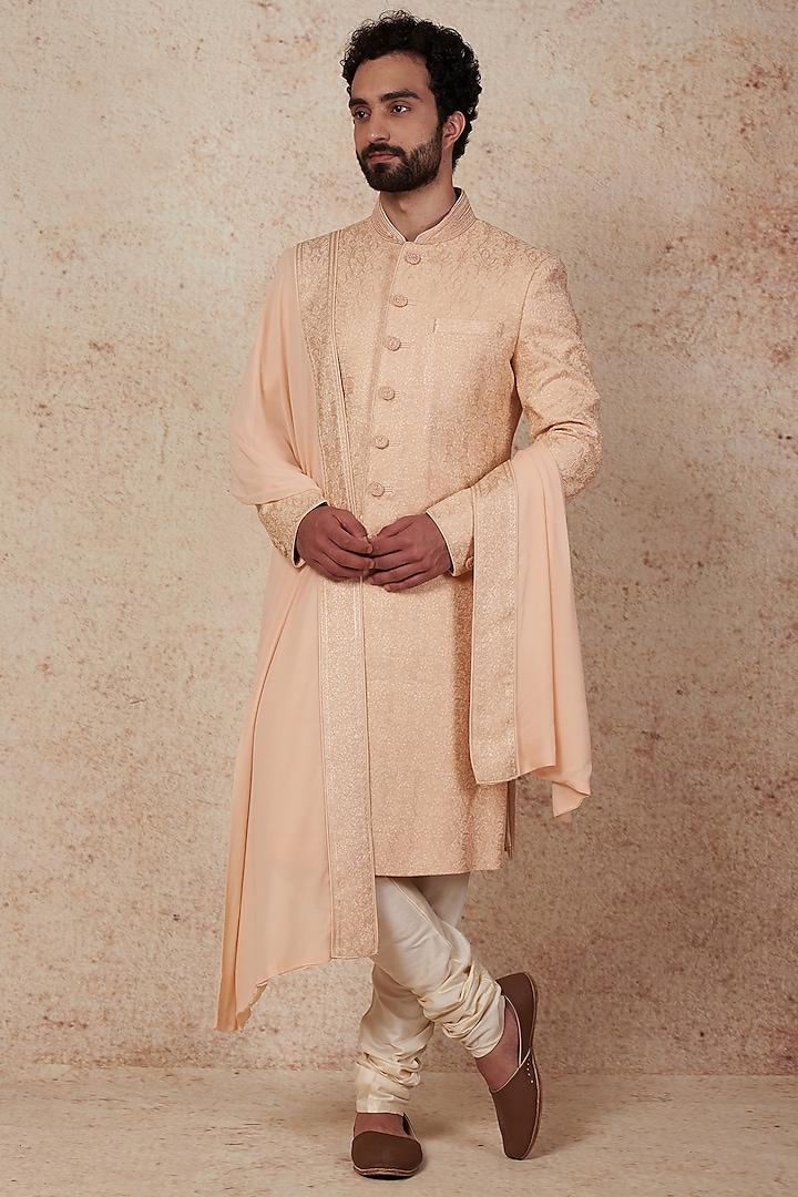 Blush Pink Chanderi Silk Sherwani Set by Vanshik