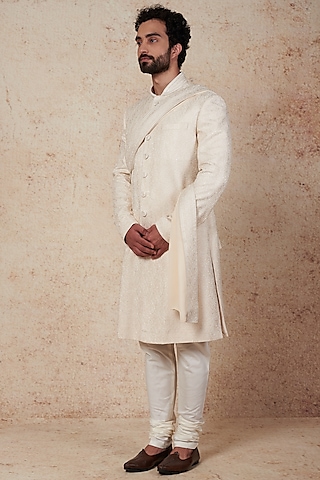 Pearl Chanderi Silk Sherwani Set by Vanshik