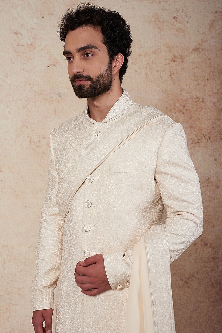 Pearl Chanderi Silk Wedding Sherwani Set by Vanshik at Pernia's Pop Up Shop