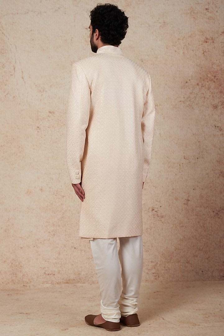 Pearl Peach Silk Wedding Sherwani Set by Vanshik at Pernia's Pop Up Shop