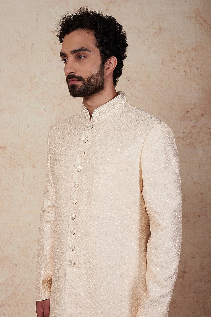 Pearl Peach Silk Wedding Sherwani Set by Vanshik at Pernia's Pop Up Shop