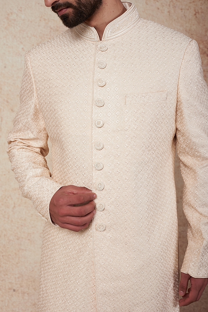 Pearl Peach Silk Wedding Sherwani Set by Vanshik at Pernia's Pop Up Shop