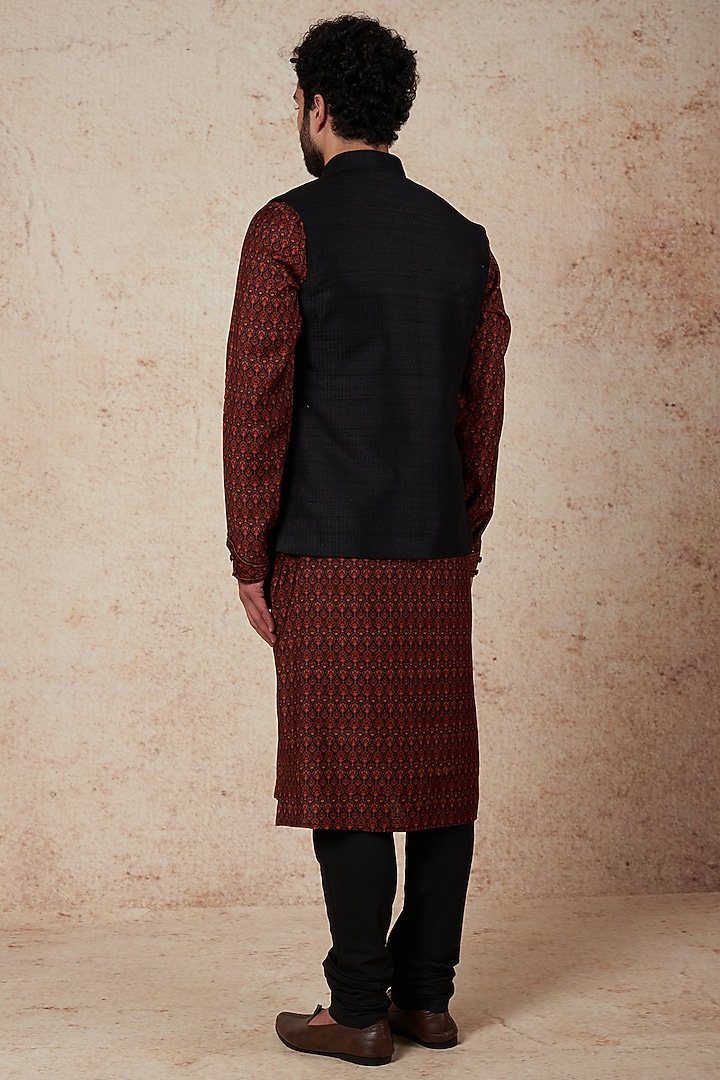 Black Raw Silk Nehru Jacket by Vanshik at Pernia's Pop Up Shop