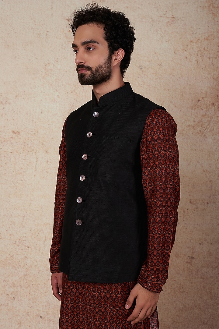 Black Raw Silk Nehru Jacket by Vanshik at Pernia's Pop Up Shop