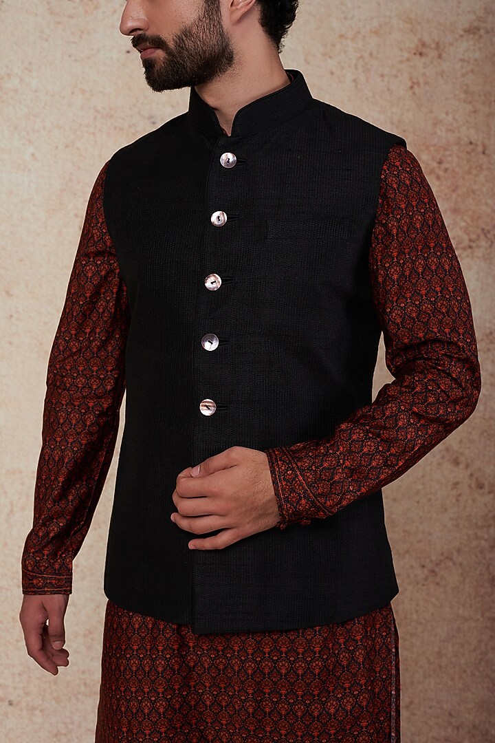 Black Raw Silk Nehru Jacket by Vanshik at Pernia's Pop Up Shop