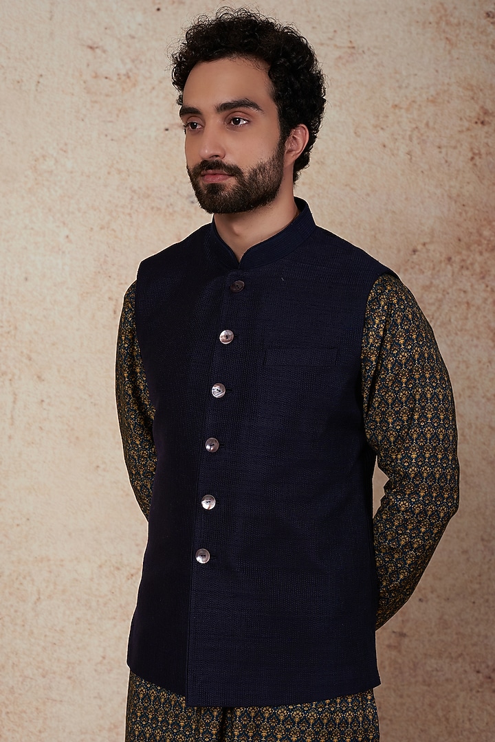 Teal Raw Silk Nehru Jacket by Vanshik at Pernia's Pop Up Shop