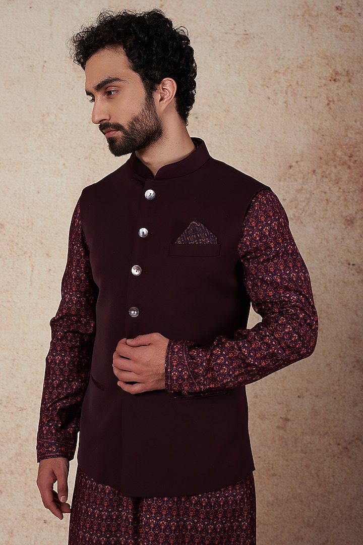 Wine Crepe Nehru Jacket by Vanshik at Pernia's Pop Up Shop