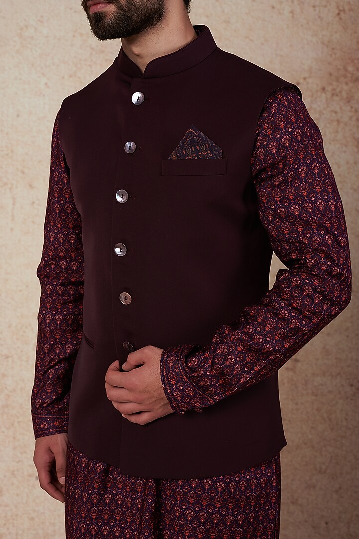 Wine Crepe Nehru Jacket by Vanshik at Pernia's Pop Up Shop