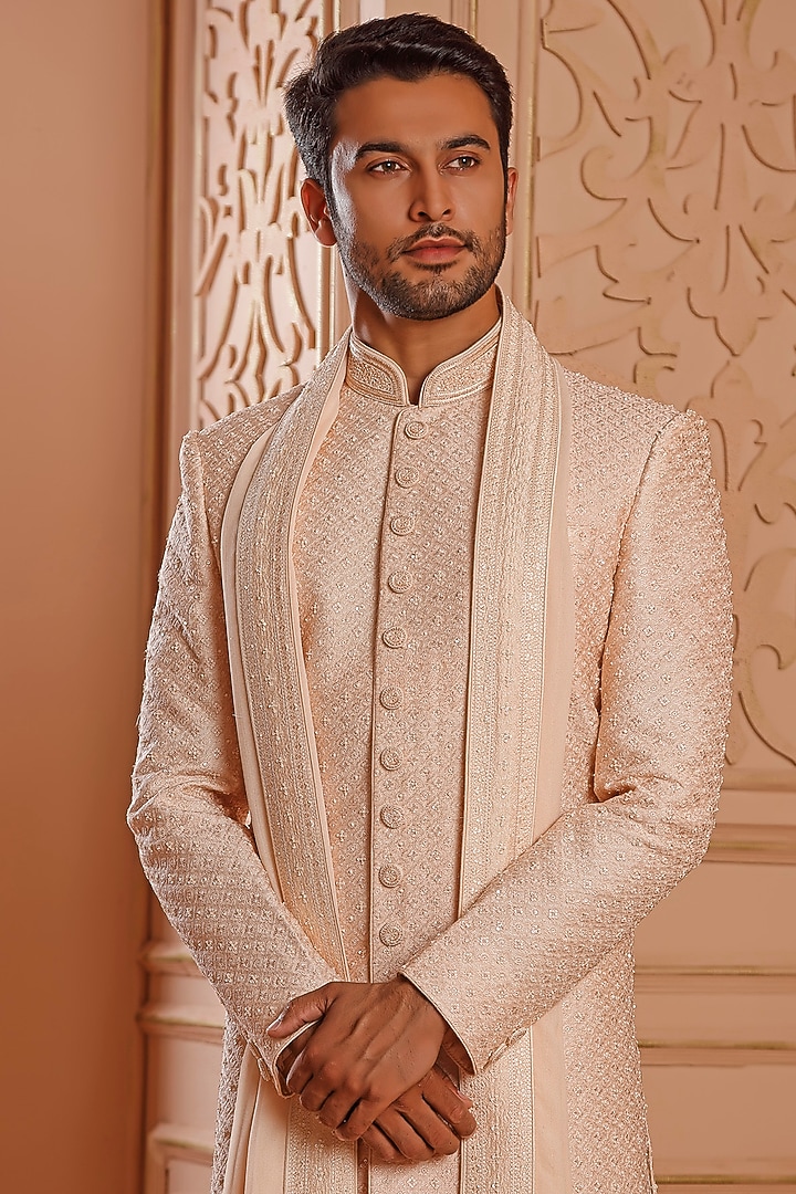 Blush Pink Silk Hand Embroidered Groom Sherwani Set by Vanshik at Pernia's Pop Up Shop